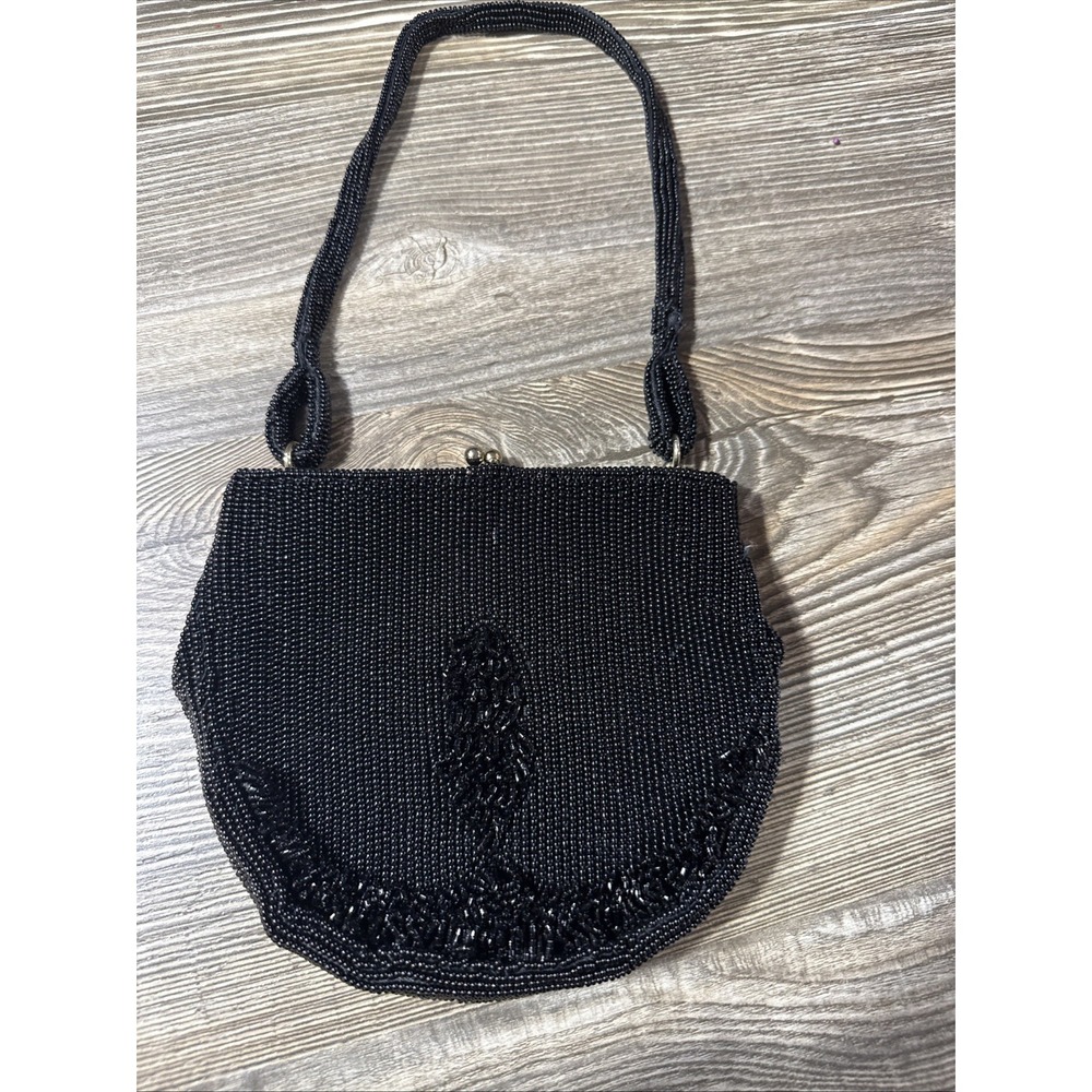 Vintage beaded black kiss‎ lock clutch purse satin interior gold accessories